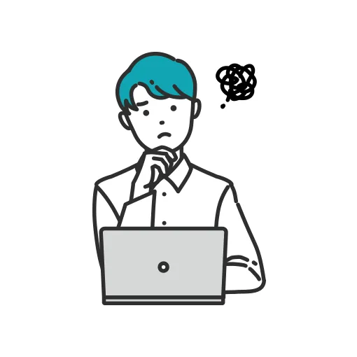 困った表情でノートパソコンを見る人のイラスト
