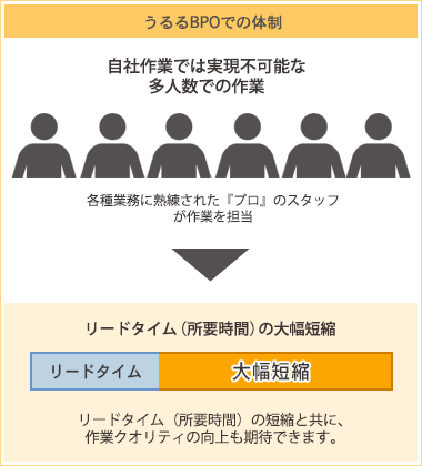 うるるBPOでの体制は、各種業務に熟練された『プロ』のスタッフが作業を担当することでリードタイム（所要時間）の短縮と共に、作業クオリティの向上も期待できます。